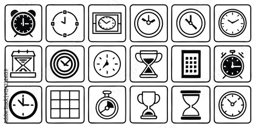 Collection of time related icons and illustrations with variety of clock and timer designs