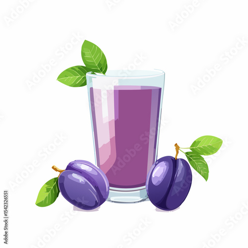 Glass of Purple Plum Juice with Fresh Plums and Leaves