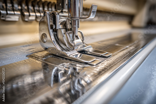 A stainless steel presser foot hovers above smooth fabric as stitching occurs in a bright sewing studio