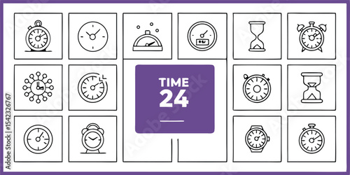 Hand drawn clock icons and time indicators in monochrome design on transparent background