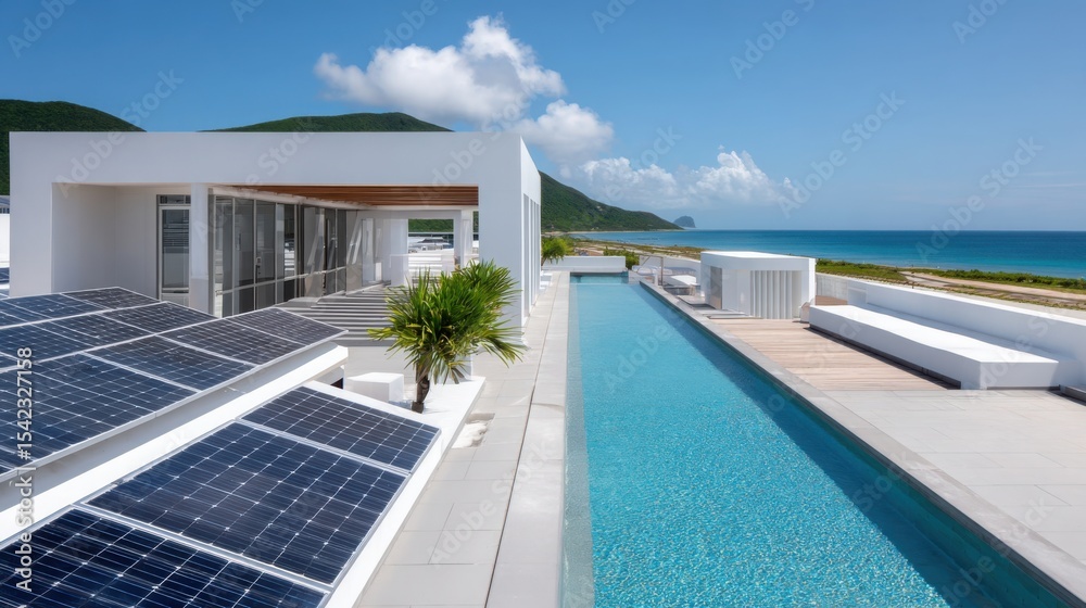 Obraz premium luxury rooftop hotel with solar panels, sunny day, infinity pool nearby, sea in the background, clean architectural lines, eco lifestyle 