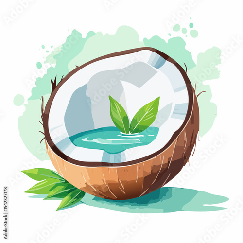 Half Coconut with Water and Leaves Illustration