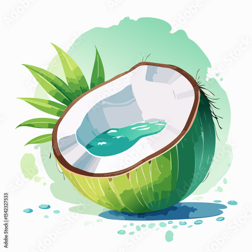 Halved Green Coconut with Refreshing Water Illustration