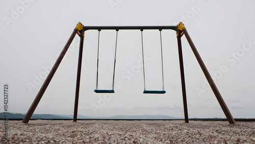 Empty swing set on a gravel surface with mountains in the background