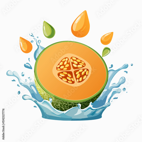 Juicy Orange Melon Half in Water Splash