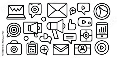 Hand drawn social media and communication icons in a simple doodle style design