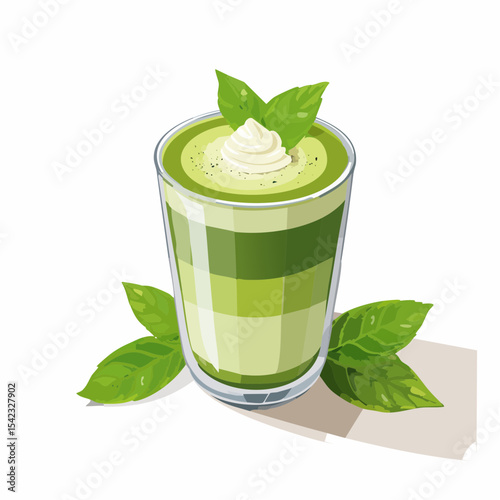 Layered Matcha Latte with Whipped Cream and Mint Leaves