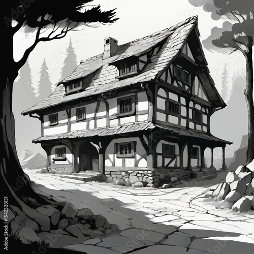 medieval timber frame house in forest, black and white vector sketch illustration
