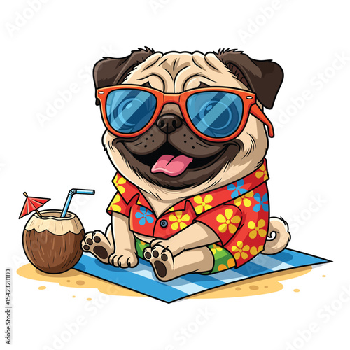 Beach Pug Clipart – Cute Cartoon Dog in Sunglasses and Hawaiian Shirt with Coconut Drink on White Background
