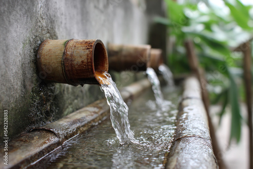 Bamboo spouts release clear water into a tranquil garden area, creating a refreshing atmosphere amid plants