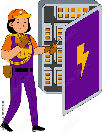 Cartoon Electrician Repairing Electrical Panel