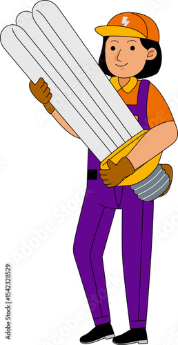 Cartoon Electrician Holding a Fluorescent Light Bulb