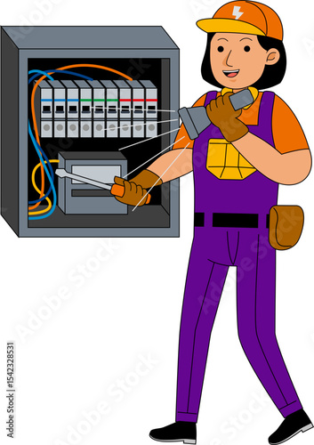 Electrician Repairing Electrical Fuse Box Illustration