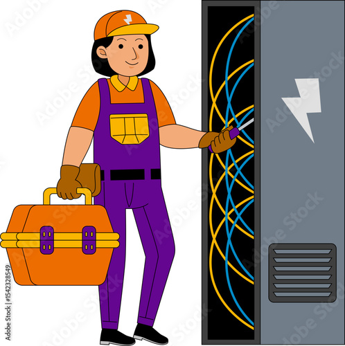 Cartoon Electrician Repairing Electrical Box