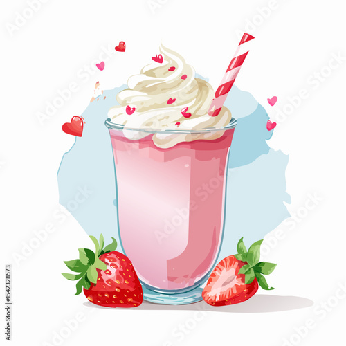 Pink Strawberry Milkshake with Whipped Cream and Hearts