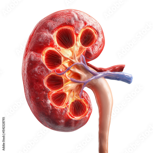 3D rendering of a human kidney isolated on a transparent background, PNG file.