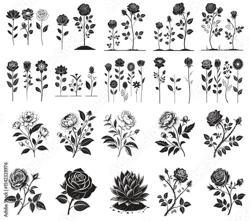 Garden Flower and Rose Bush Silhouettes. Flat Vector Illustration Collection