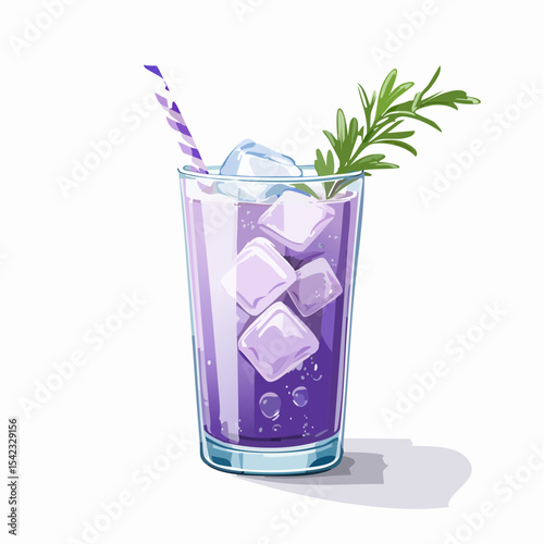 Purple Lavender Cocktail with Rosemary Garnish and Ice Cubes in Tall Glass