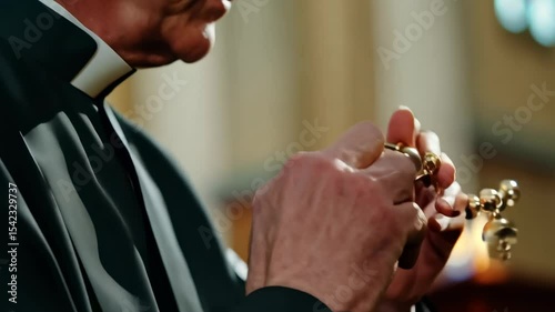 A Middle aged Caucasian Catholic priest prays in a catholic church. The priest seeks divine guidance through prayer, his presence in the church a symbol of faith and hope.