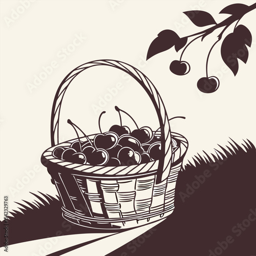"Basket filled with cherries silhouette"