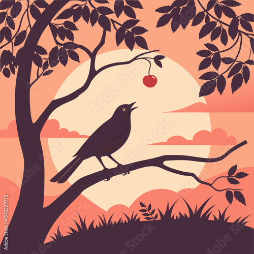 Bird picking cherry from tree silhouette"