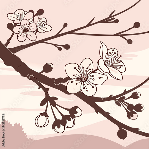 Cherry blossom and fruit branch silhouette"