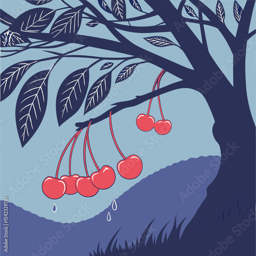 "Cherries falling from tree silhouette