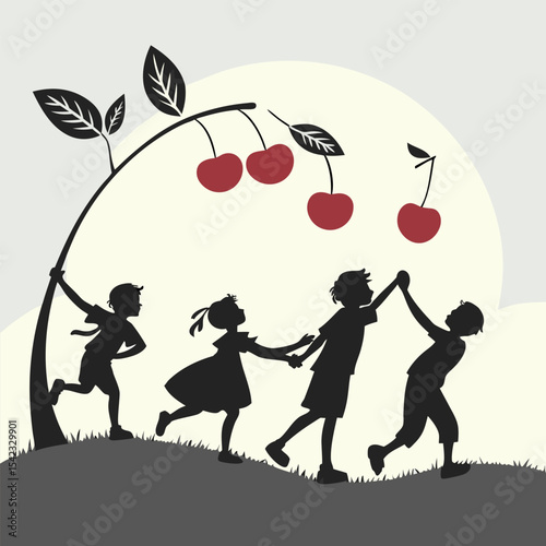 "Kids dancing with cherry props silhouette"