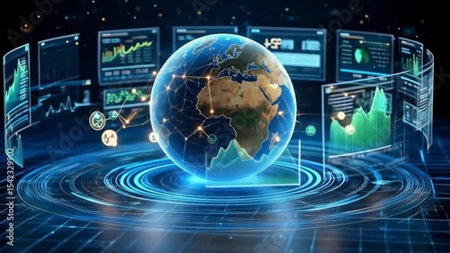 Stunning 3D animation of a rotating Earth encircled by dynamic data streams and holographic charts. Perfect for illustrating global connectivity, financial markets, or technological advancements.
