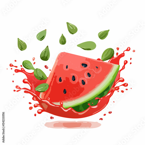 Red Watermelon Slice Splashing with Seeds on White Background