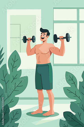 Fit young man exercising with dumbbells in a bright indoor space surrounded by plants, healthy lifestyle