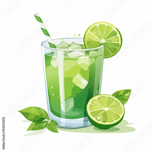 Refreshing Green Lime Basil Drink with Ice in Glass