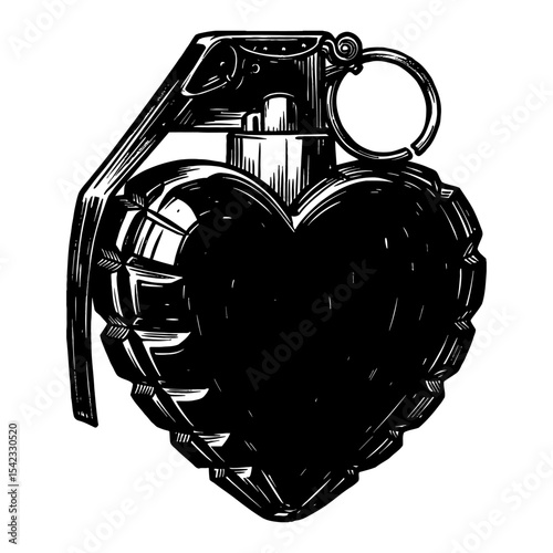 Heart Shaped Grenade Black and White Outline Line Art Drawing with Detailed Engraving in Retro Vintage Style