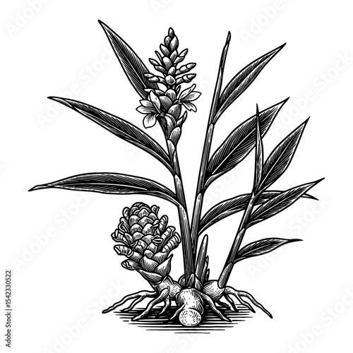 Complete Ginger Plant Showing Leaves Flower Spike and Underground Rhizome Root Black and White Outline Line Art Drawing