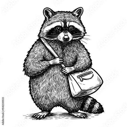 Detailed Standing Raccoon Carrying Shoulder Bag Black and White Outline Line Art Drawing Isolated Vector