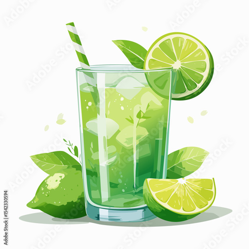 Refreshing Green Lime Drink with Ice and Mint in Glass