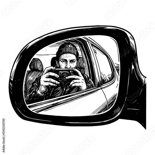 Man Capturing Selfie with Camera Reflected in Car Sideview Mirror Black and White Outline Line Art Drawing