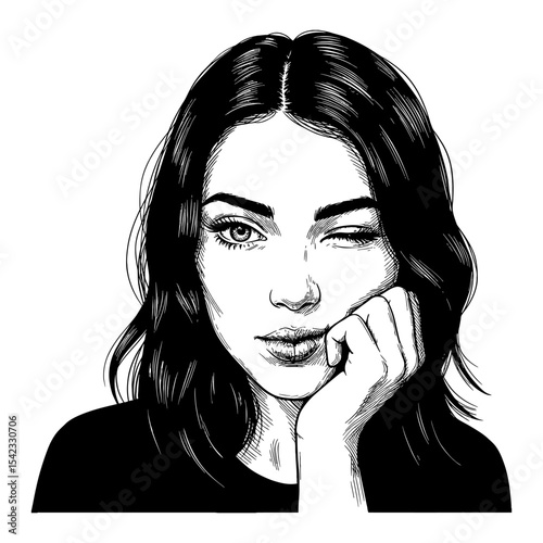 Beautiful Girl Winking Flirty Expression with Hand on Chin Black and White Outline Line Art Drawing