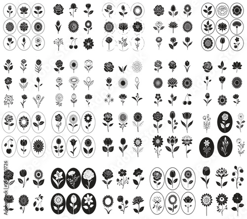 Decorative Floral Elements. Set of Blooming Flower Icons and Graphics