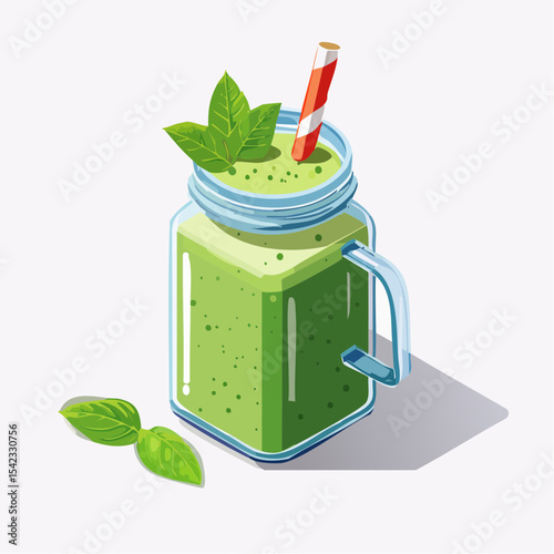 Refreshing Green Smoothie in Mason Jar with Basil Garnish