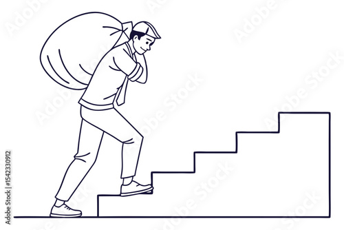 Struggling Man Climbing Stairs with Burden
