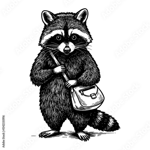 Raccoon Carrying Messenger Bag Standing Upright Black and White Outline Line Art Drawing Vintage Engraving Style