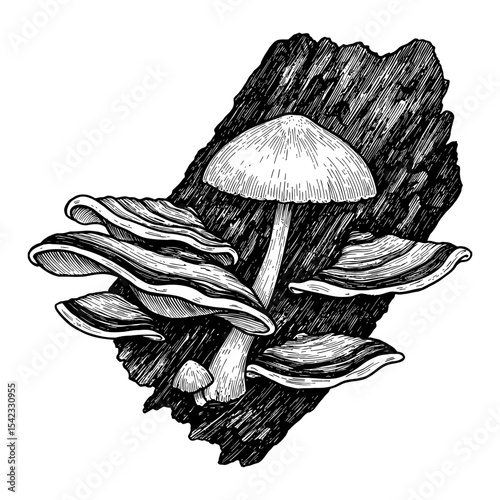 Tree Fungi Mushroom on Wood Black and White Outline Line Art Drawing Vintage Engraving Style