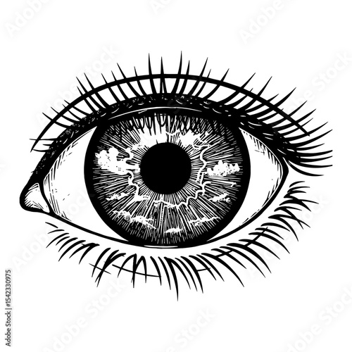 Human Eye with Clear Sky and Clouds Reflection Double Exposure Black and White Outline Line Art Drawing