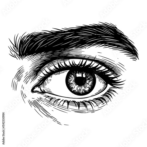 Very Detailed Man Eye with Eyebrow Black and White Outline Line Art Drawing Vintage Engraving Style