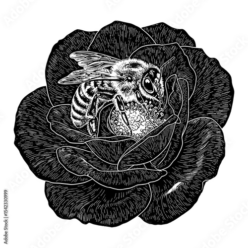 A Bee on Rose Flower Close Up Shot Black and White Outline Line Art Drawing Detailed Vintage Engraving Illustration