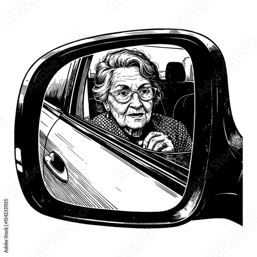 Senior Woman Grandma Face Reflected in Car Sideview Mirror Black and White Outline Line Art Drawing