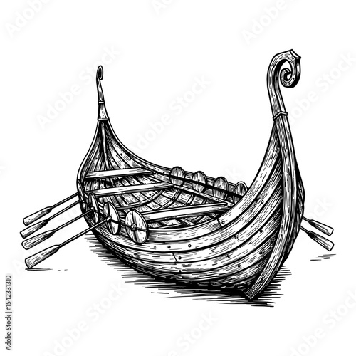 Ancient Empty Viking Longship with Oars Shields Displayed Black and White Outline Line Art Drawing