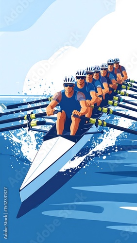 Rowing team racing on water.