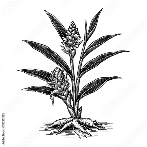 Ginger Plant with Flower and Ginger Root Black and White Outline Line Art Drawing Vintage Botanical Engraving